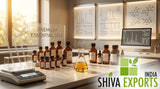 A professional perfumer laboratory bench with amber bottles, glass pipettes, a precision scale, and modern chromatography printouts in the background, warm natural light filtering through a window
