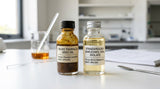A macro photograph focused on the comparison of two glass vials against a clean, laboratory background. The left vial contains a dark, viscous, slightly cloudy amber liquid labeled 'Crude Psoralea Seed Oil'. The right vial contains a clear, pale golden, refined liquid labeled 'Standardized Bakuchiol 99% Isolate'. Natural light highlights the differing textures and clarity.