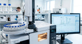 A close-up shot of a modern gas chromatography mass spectrometer system in a clean, brightly lit laboratory, showing a glass vial carousel and a glowing computer screen displaying a complex chromatogram with sharp peaks, clinical and precise atmosphere