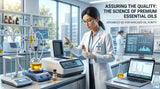 A laboratory setting with a scientist in a lab coat analyzing a sample of avocado oil using sophisticated equipment, highlighting the quality control process.