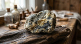 A macro photograph focusing on a single, irregular piece of raw, aged ambergris, showing its complex, waxy texture with mottled grey, white, and jet-black patches. It rests on a piece of dark, polished driftwood, bathed in soft, natural light filtering through a window, emphasizing its tactile quality and organic origin. The background is a gently blurred, warm-toned workshop bench with antique glass vials.