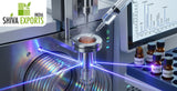 A macro laboratory photograph of a gas chromatograph injection port with a syringe injecting a clear liquid, blue and purple laser light reflecting off the glass capillary column, highly technical and clinical aesthetic