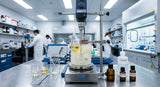 A high-resolution photo taken in a cosmetic chemistry lab. A laboratory mixer with a propeller blade is actively blending a pale golden oil phase containing Bakuchiol into a translucent, viscous water phase, creating a stable, milky microemulsion. Small beakers and glass stirring rods are visible on the stainless steel benchtop, under cool, bright laboratory lighting.