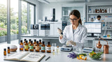 A modern essential oil lab with GC-MS equipment in the background.