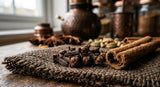 A macro photograph focused on the texture of dried spices. Foreground shows highly detailed, wrinkled clove buds and a curled cinnamon stick resting on a piece of dark, aged burlap. Background is a soft-focus blur of more spices and perhaps a copper distillation vessel, suggesting a traditional extraction environment. Warm, earthy tones dominate.