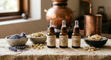 A close-up photograph of three elegant, amber glass bottles containing essential oils (labeled Lavender, Chamomile, Frankincense) on a textured, light stone surface. Beside them are small bowls of dried lavender buds, chamomile flowers, and frankincense resin pieces. Soft, natural light illuminates the scene, creating a calm, premium, and therapeutic atmosphere. In the blurred background, a traditional Indian hydro-distillation apparatus (Deg & Bhapka) is subtly visible, hinting at the Kannauj heritage.