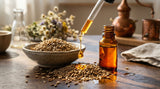 Close-up shot of carrot seeds with essential oil droplets, showcasing the extraction process. Warm, natural lighting.