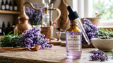 Close-up shot of a glass bottle filled with pure lavender oil, with a dropper. The oil is a clear, light purple color. In the background, blurred, are lavender flowers and distillation equipment. Lighting is soft and natural.