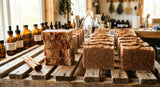 A close-up photograph of artisanal, cold-process soap bars curing on wooden racks in a well-lit workshop. The soaps are textured, some infused with fine, ground cinnamon powder creating a speckled appearance. A single stick of Ceylon cinnamon bark rests beside a stack of the soap bars, and a small, amber glass bottle labeled 'Cinnamon Leaf Oil' is partially visible in the background, out of focus. Natural, warm light streams from a window.