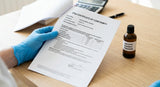 A close-up photograph of a hand wearing a blue nitrile lab glove, holding a detailed, printed IFRA certificate of conformity. The document is placed on a clean, light-colored wooden desk next to a small, amber glass bottle with a simple white label that reads 'Jasmine Sambac Absolute'. A calculator and a pen are visible in the background, out of focus.