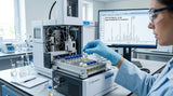 A close-up shot of a modern Gas Chromatography-Mass Spectrometry (GC-MS) instrument in a brightly lit, clean laboratory. A gloved hand is carefully placing a tiny glass vial containing a clear pale yellow liquid into the autosampler tray. The screen in the background displays a complex chromatogram with multiple peaks and data points, with the words 'Eugenol' and 'Clove Oil Analysis' visible. The atmosphere is professional and scientific.