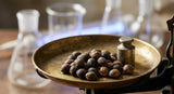 A macro photograph capturing the rugged texture of Psoralea corylifolia seeds, some whole and dark brown, others slightly cracked, spilling onto a tarnished brass weighing pan of an antique analytical scale. In the background, out of focus, are glass laboratory beakers and a subtle UV light source casting a faint blue glow, emphasizing the scientific scrutiny of the raw material. The lighting is focused and dramatic, highlighting the seeds' details.
