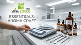 A clean, minimalist laboratory bench with amber bottles, a digital scale weighing a crystalline white powder, precise stainless steel spatulas, bright modern laboratory lighting.