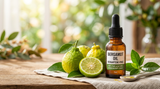 Close-up studio shot of fresh bergamot oranges and a small bottle of bergaptene-free bergamot oil with condensation on the glass, soft lighting, bokeh background