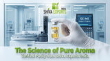 A high-tech laboratory setting with a GC-MS machine in the background, a gloved hand holding a small glass vial containing a clear golden essential oil, clean and clinical aesthetic