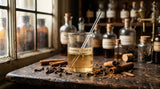 A close-up photograph in an old-world perfumery lab. A vintage glass beaker holds a pale amber liquid (natural eugenol), with a glass stirring rod resting inside. Surrounding it are dried clove buds, cinnamon sticks, and a few blurred glass vials on a dark wooden bench. Soft, warm light filtering from a window. Shallow depth of field.