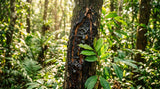 Close-up of an agarwood tree in a lush forest, focusing on the resin formation and healthy leaves. Sunlight filtering through the canopy.
