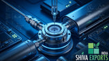 Macro scientific laboratory shot of a gas chromatography mass spectrometer injector port with a syringe injecting a clear liquid, blue ambient light, high-tech scientific equipment