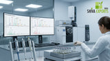 A professional laboratory workspace with a high-end gas chromatography-mass spectrometry (GC-MS) machine, showing a detailed molecular analysis chromatogram on a dual-monitor screen, with precision micropipettes and small glass vials of clear aroma chemical dilutions in the foreground, soft clinical lighting