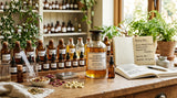A perfumer's workstation with various small glass bottles containing essential oils and absolutes, with a larger bottle of Jasmine Grandiflorum Absolute prominently featured, and a small notebook with blending notes in the background.