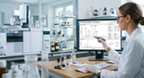 A scientific laboratory setting with a technician analyzing a GC-MS report on a computer screen, with lab equipment in the background, focus on the screen and the technician's hands