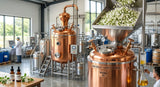 A detailed photograph of a large, polished copper solvent extraction vessel in a modern, clean distillery, with fresh jasmine flowers visible in a hopper above, illustrating the scale of bulk absolute production.
