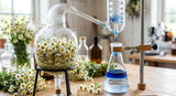 Close-up shot of German chamomile flowers being steam distilled, showing the vibrant blue color of the oil being collected.