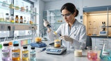 A laboratory setting with a cosmetic chemist formulating a skincare product with bakuchiol. Focus on the precision and scientific process, with beakers, test tubes, and a modern, clean aesthetic.
