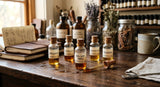 A close-up photograph in an artisan perfumer's studio. Several small, clear glass vials containing different amber-colored liquids are arranged on a dark wood surface. One vial, labeled 'Balsam Peru', is slightly in front. A perfumer's pipette rests nearby. In the background, there are blurred notebooks and shelves filled with various botanical ingredients, bathed in soft, natural light.