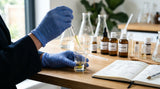 A close-up shot of a formulator's hands wearing blue nitrile gloves, carefully using a glass pipette to drop a pale yellow essential oil into a small beaker containing a clear solution. The background is a slightly blurred laboratory bench with various glass flasks and a notebook with handwritten calculations.