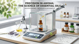 A professional laboratory analytical scale with a micro-pipette dispensing a clear liquid drop into a small amber glass vial, clean environment, precise laboratory equipment, soft lighting