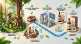 A visual representation of the traceability process for agarwood oil, showing the journey from the forest to the finished product, emphasizing ethical harvesting and sustainable practices. Include elements like GPS tracking, documentation, and community involvement.
