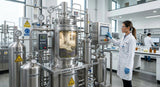 A sophisticated, modern supercritical CO2 extraction machine in a clean, pharmaceutical-grade facility. Stainless steel tanks, precise gauges, and glass viewports showing the cloudy, pressurized CO2 moving through botanical material. A technician in a lab coat monitors the process. The background shows a modern lab environment. High-tech, clean, scientific aesthetic.