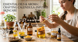 A skincare product formulation setup, with beakers, pipettes, and natural ingredients like calendula flowers and carrier oils, showcasing the process of creating a calendula-infused skincare product.