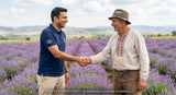 A professional-looking photograph of a Shiva Exports India representative shaking hands with a Bulgarian lavender farmer in a field of lavender. The image should convey trust, collaboration, and a commitment to quality sourcing. Focus on the handshake and the smiles of both individuals.
