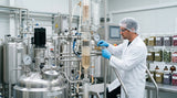 A close-up photograph of a professional solvent extraction setup in a clean, modern distillery environment. Large stainless steel vessels and glass columns are visible, connected by intricate piping. A technician in a lab coat and safety glasses is carefully monitoring a valve. Soft, diffused light illuminates the scene, highlighting the metallic surfaces and the complex apparatus. In the background, there are blurred containers of botanical material.