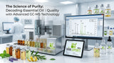 High-tech laboratory setup showing a gas chromatography-mass spectrometry instrument with glass vials and computerized mass spectrum readouts, clinical lighting, cleanroom aesthetics