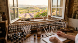 A perfumer's organ bench in a sunlit Grasse studio, covered in small glass bottles, pipettes, and scent strips, with a large window in the background overlooking rolling hills of flowering lavender and rose bushes, warm afternoon glow, shallow depth of field