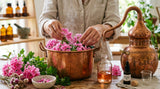 close up shot of pink geranium flowers being processed into essential oil, highlighting the natural beauty and process.