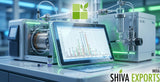 Close-up photograph of a gas chromatography-mass spectrometry (GC-MS) screen showing complex peak chromatograms, reflecting blue and green laboratory light, high-tech analytical chemistry equipment, shallow depth of field