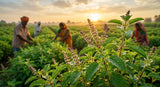 A close-up, high-definition photograph of vibrant, fresh green Holy Basil (Tulsi) leaves and flowers, still wet with morning dew. The plants are growing in a field in Kannauj, India, with the warm, golden light of sunrise illuminating them. In the background, out of focus, traditional Indian farmers are tending to the fields. The image exudes purity, naturalness, and calm.