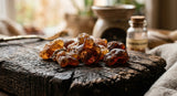 A macro photograph focusing on raw, deep amber and reddish-brown frankincense resin tears (Boswellia carterii) resting on a piece of dark, aged wood. The resin pieces vary in size and show natural, rough textures. The background is softly blurred with warm, earthy tones.