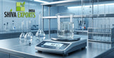 A close-up of a scientific beaker containing a clear, viscous liquid sitting on a digital scale in a cleanroom laboratory, stainless steel background, precise volumetric glassware, cool lighting