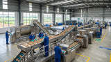 A wide-angle landscape photograph of a large-scale ginger washing and processing facility in a rural area. Several workers in clean blue uniforms and hairnets are overseeing the automated movement of freshly harvested ginger rhizomes on a conveyor belt system. The facility is clean, modern, and efficient, with large stainless steel machinery visible. The lighting is bright and natural, coming from large industrial windows. The overall impression is one of scale, hygiene, and industrial capability.