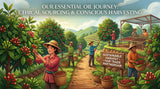 A vibrant clove tree plantation with workers harvesting clove buds, showcasing sustainable agricultural practices and fair labor conditions. Focus on the lush greenery and the careful handling of the clove buds.