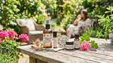 A visually appealing image showcasing a variety of natural insect repellent products containing geranium oil, displayed in a natural setting.