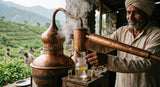 A close-up image showcasing the process of steam distillation of cardamom seeds in a traditional copper still in Kannauj, India. Focus on the steam, condensation, and the droplets of cardamom oil being collected. Background should subtly show the landscape of spice fields.