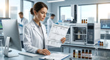 A scientist in a lab coat analyzing a GC-MS report of Geranium Oil Bourbon, with a gas chromatograph machine in the background.