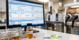 A close-up, high-detail photograph of a gas chromatography-mass spectrometry GC-MS monitor showing complex peak chromatograms in a sterile analytical laboratory, with glass vials filled with clear amber botanical extracts in the foreground, shallow depth of field