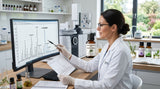 A scientist in a lab coat analyzing a GC-MS reading, with a bottle of Cedarwood Oil Himalayan in the background